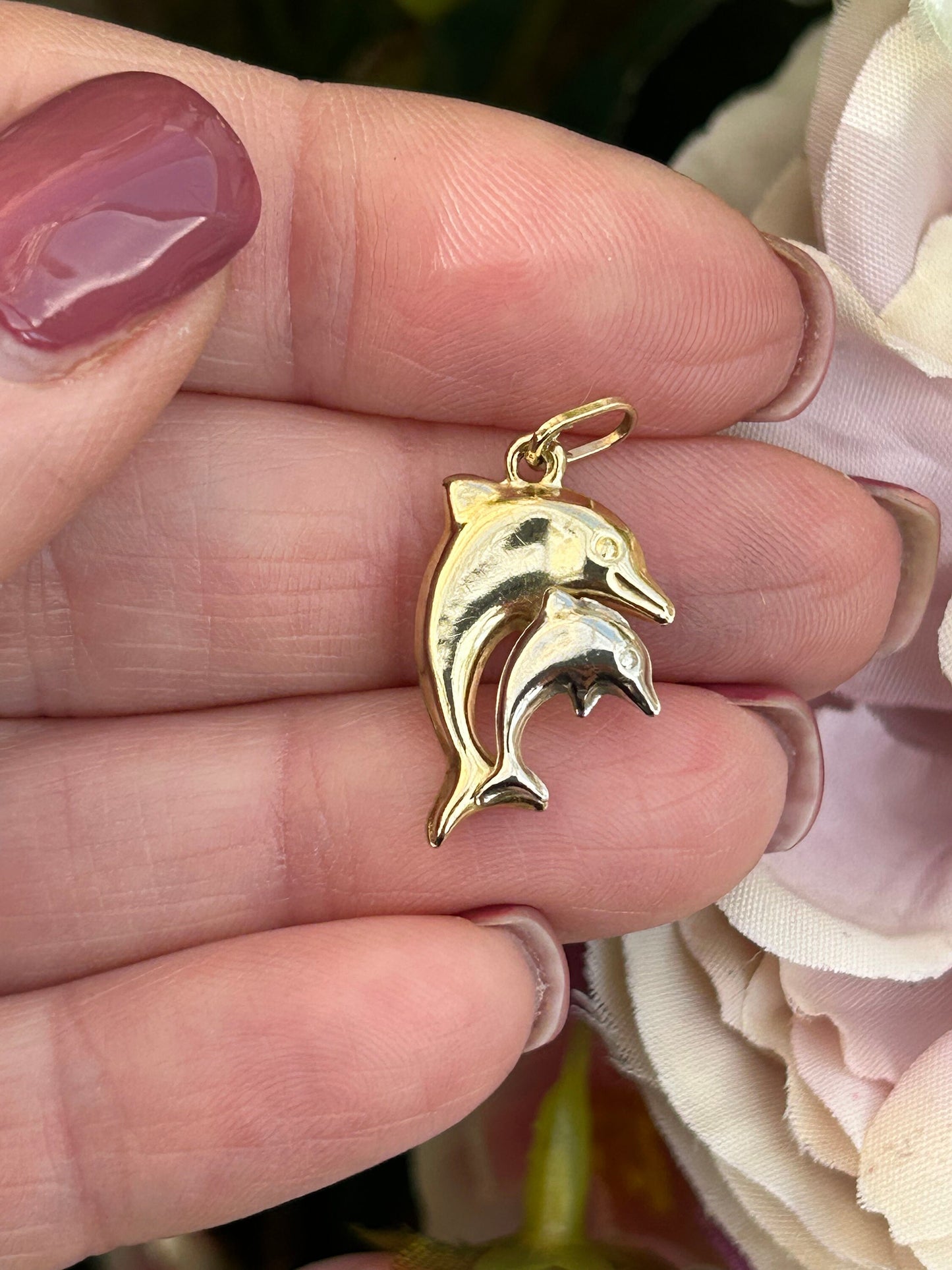Vintage Double Dolphin Pendant Charm Two Tone 9 Carat Gold