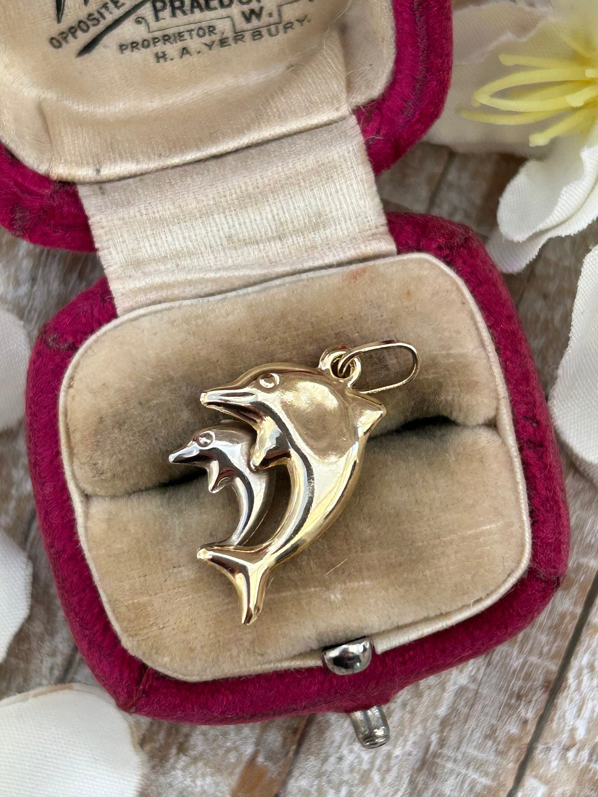 Vintage Double Dolphin Pendant Charm Two Tone 9 Carat Gold