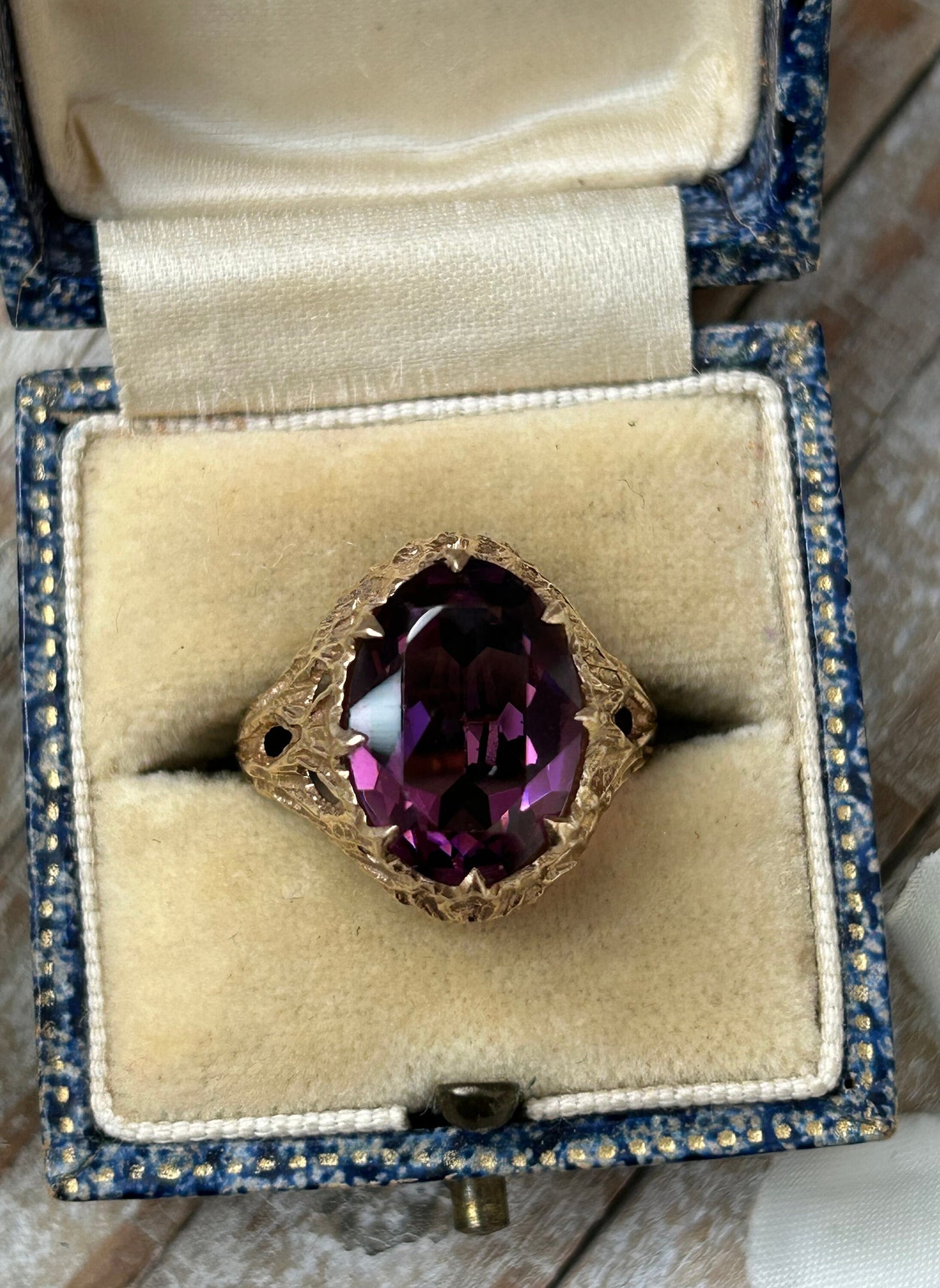 Vintage Purple Paste Brutalist Statement Ring 9 Carat Yellow Gold