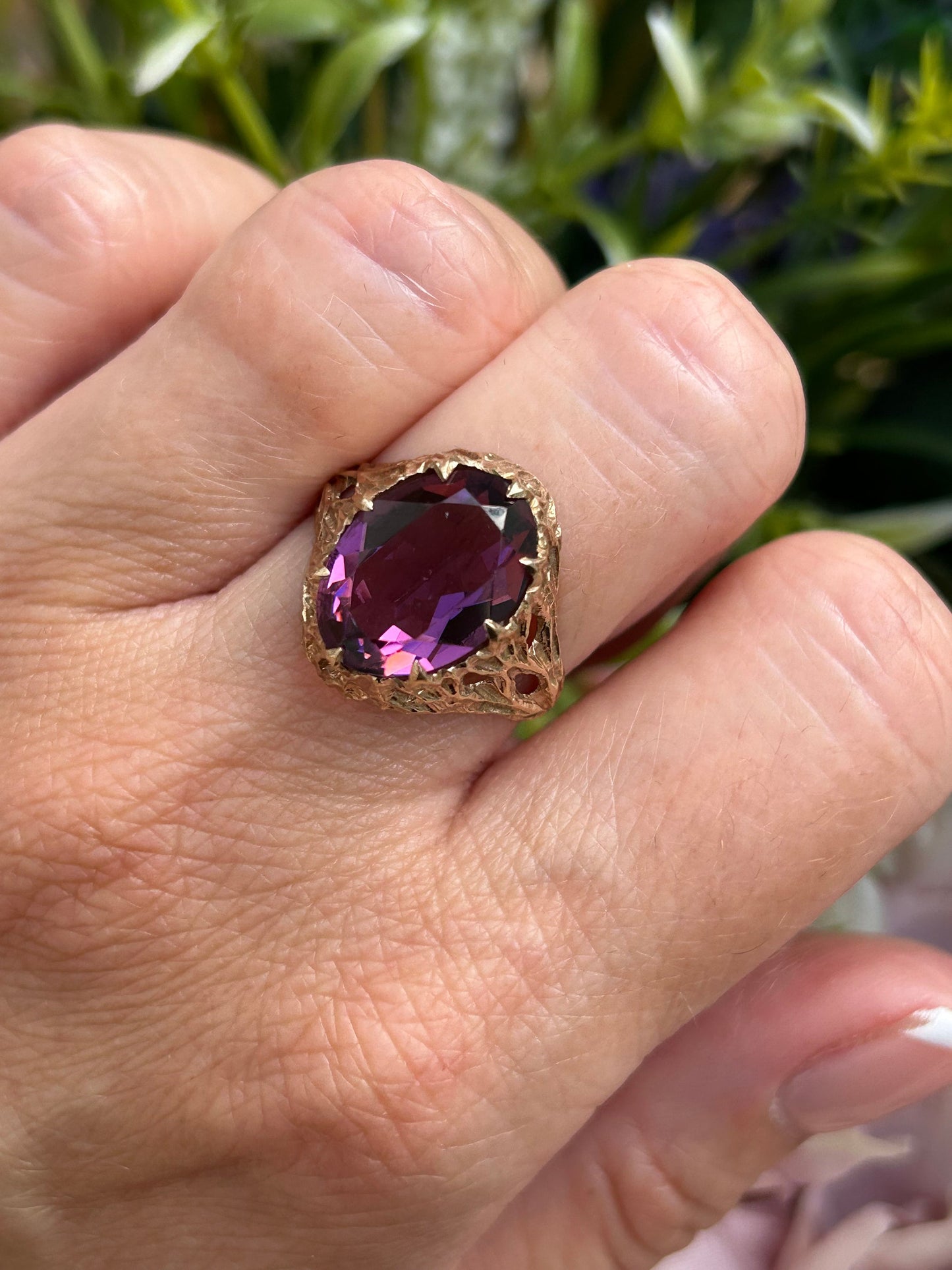 Vintage Purple Paste Brutalist Statement Ring 9 Carat Yellow Gold