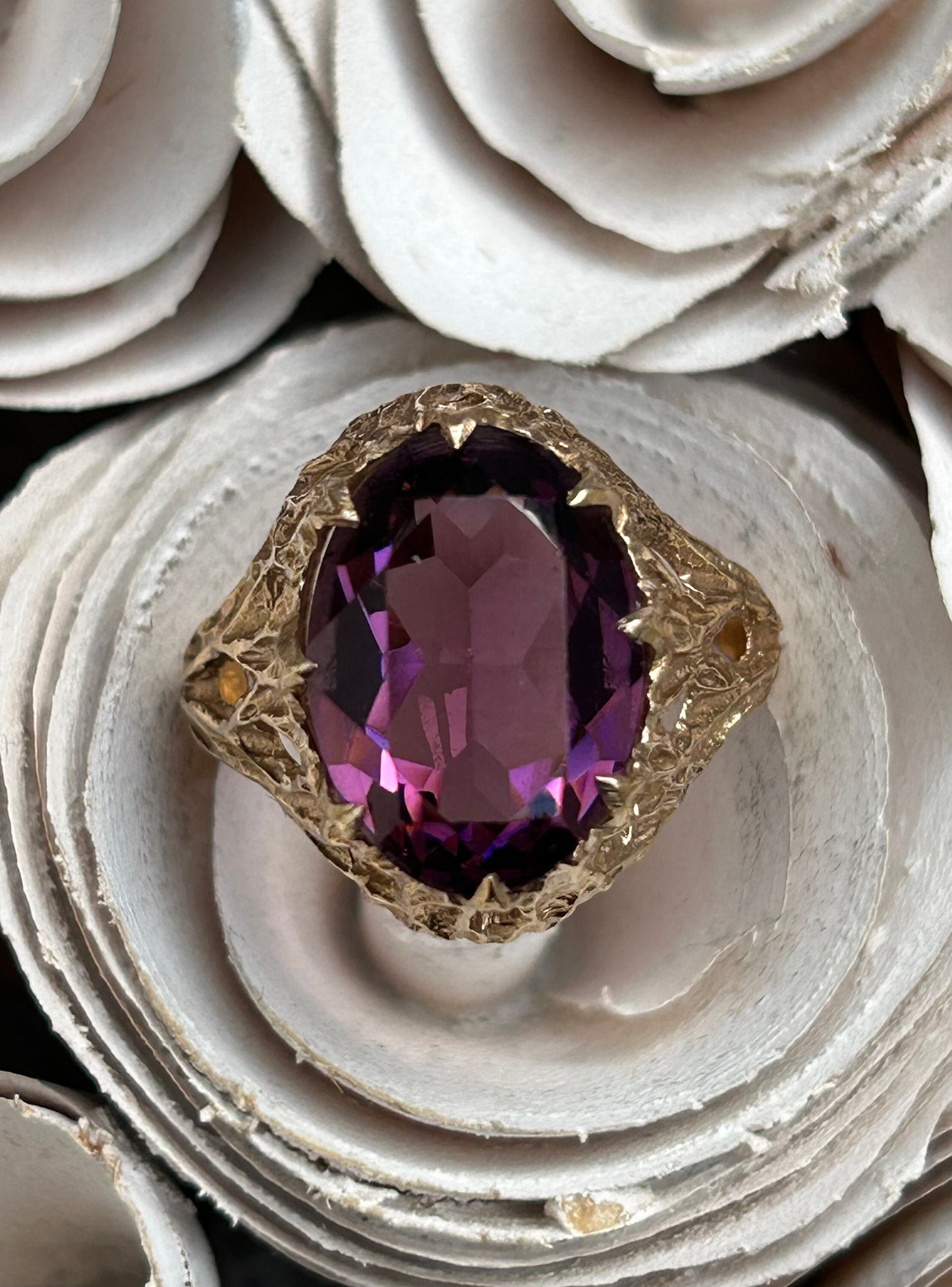 Vintage Purple Paste Brutalist Statement Ring 9 Carat Gold 1960s