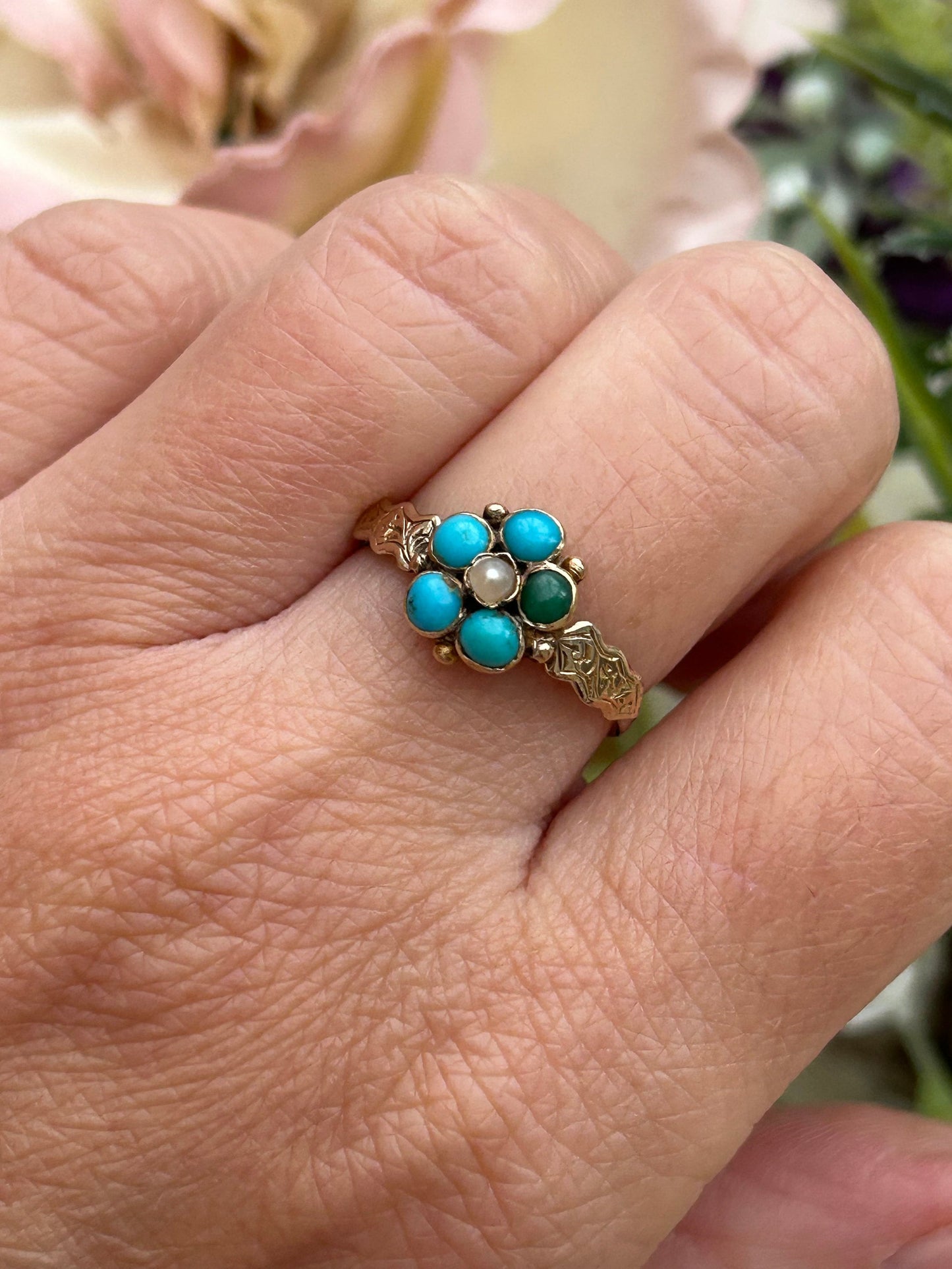 Antique Victorian Turquoise and Pearl Daisy Ring 9 Carat Yellow Gold