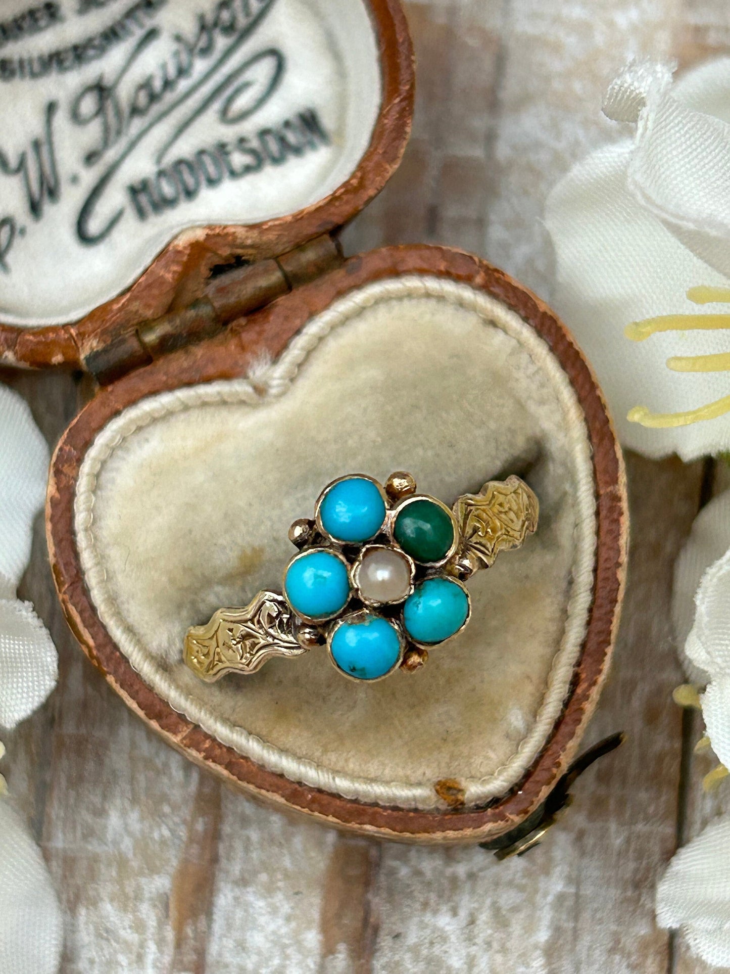 Antique Victorian Turquoise and Pearl Daisy Ring 9 Carat Yellow Gold