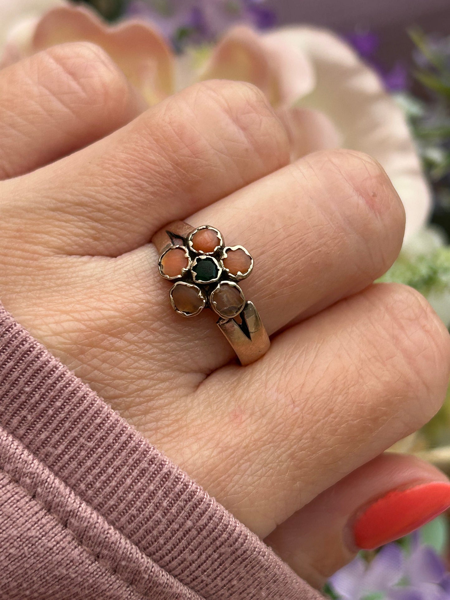 Antique Victorian Coral Daisy Ring 9 Carat Rose Gold